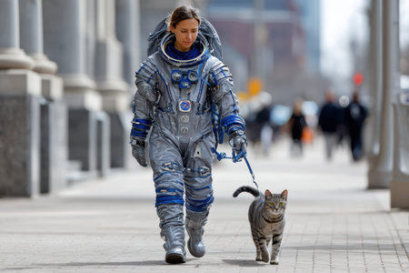 A person in a space suit walks a curious cat along a bustling urban sidewalk surrounded by buildings.の写真素材