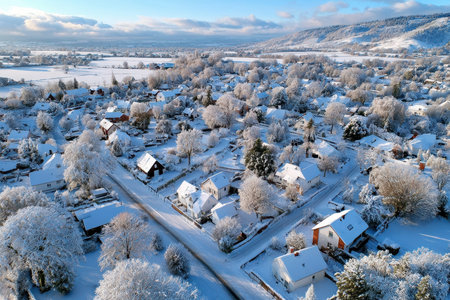 A quiet, snow-covered village at dawn, shot with a drone, capturing the tranquility and beauty of the winter seasonの写真素材