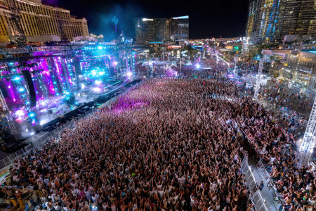 A large crowd enjoys a concert outdoors at night in a city settingの写真素材