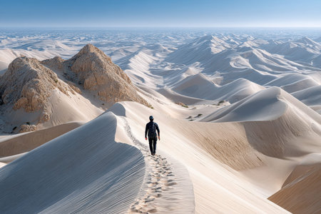 Hiker walks along a ridge of white sand dunes in a vast desert landscapeの写真素材