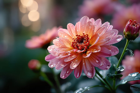Closeup of a pink and orange flower with water dropletsの写真素材