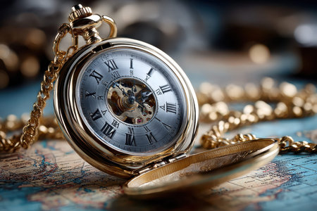 An antique pocket watch lying on a vintage map, shot in a dimly lit room with a macro lens, evoking a sense of nostalgia and adventureの写真素材