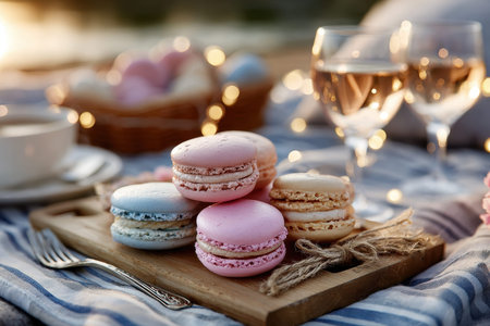 Colorful macarons arranged on a wooden board during a romantic picnicの写真素材