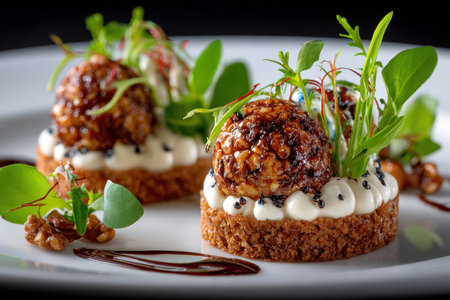 Two small appetizers garnished with candied walnuts and microgreens on a white plateの写真素材
