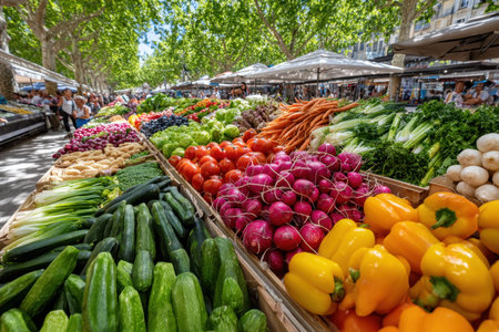 Fresh, colorful produce displayed at an outdoor farmers marketの写真素材
