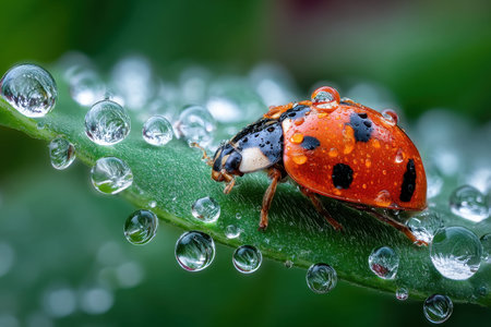 A ladybug crawls on a green leaf covered in glistening water dropletsの写真素材