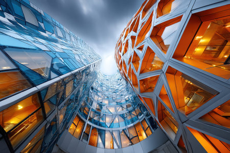 Low angle view of modern buildings with unique glass and metal facadesの写真素材