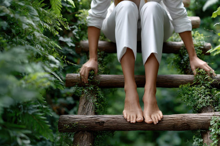 Bare feet sit on a weathered wooden ladder, surrounded by vibrant green foliage, evoking a peaceful atmosphere.の写真素材