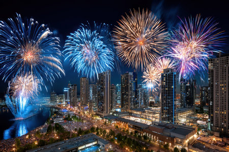 Fireworks explode over a city skyline at nightの写真素材