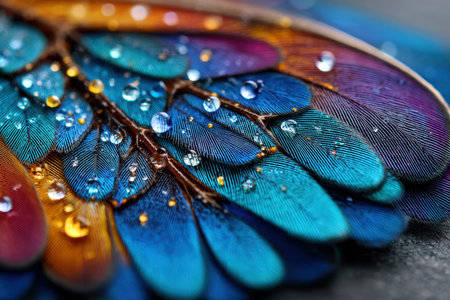 Closeup of colorful bird feathers with water dropletsの写真素材