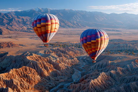 Two hot air balloons drift over a rugged canyon landscape at sunriseの写真素材