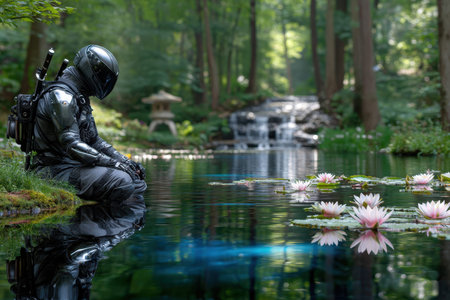 A mysterious figure in dark armor sits peacefully next to a serene pond filled with lotus flowers in a lush forest.の写真素材