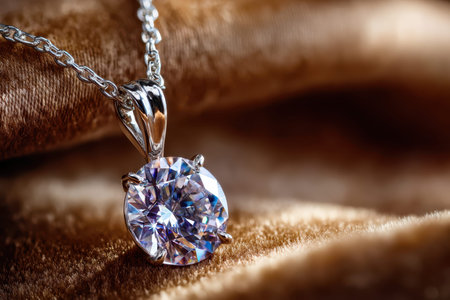 A close-up shot of a diamond pendant on a velvet cushion, under soft, warm light, shot with a macro lensの写真素材