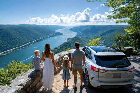 A family stands on a cliff, admiring the river view while parked nearby. The sun shines brightly overhead.の写真素材