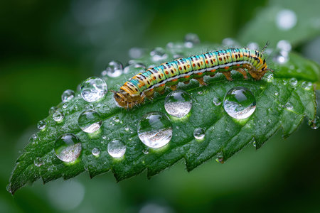 A colorful caterpillar crawls on a dewy green leafの写真素材