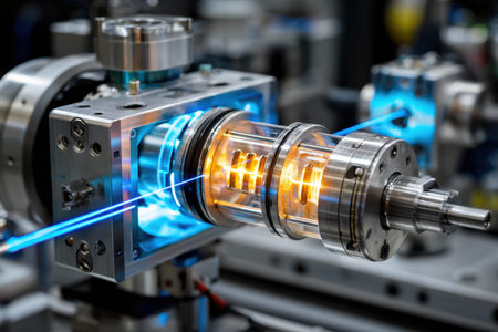 A closeup view of a laser beam passing through a specialized device in a lab settingの写真素材