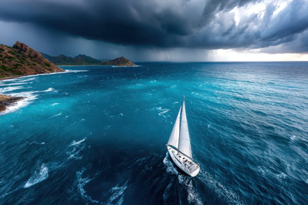A dramatic aerial shot of a lone sailboat on a vast, stormy sea, conveying a sense of adventure and danger, under overcast lighting, using a drone camera, where the boat is heading towards an uncharted islandの素材