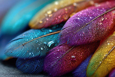 Closeup of colorful feathers with water dropletsの写真素材