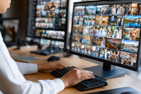 A woman sits at a desk, typing on a keyboard while reviewing multiple digital images on screen.の写真素材