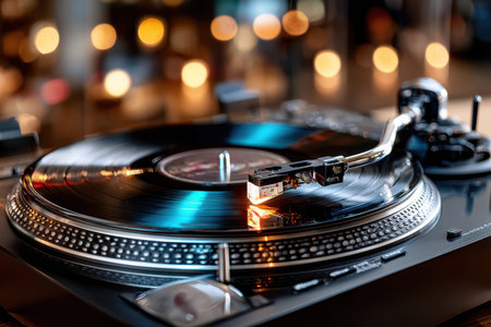 A turntable plays a vinyl record, creating a warm atmosphere filled with soft lights and music.の写真素材