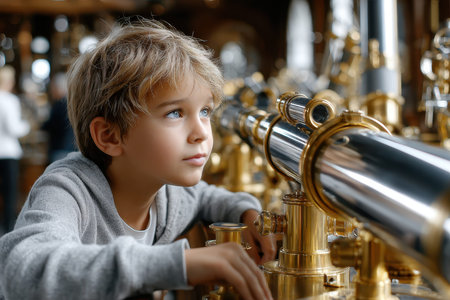 Curious child examines vintage telescopes in a historical observatory, captivated by their design and function.の写真素材