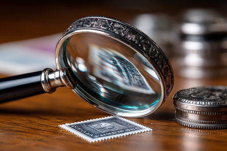 A magnifying glass focuses on a vintage stamp as collectors analyze it on a wooden surface.の写真素材