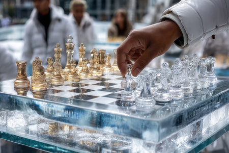 A person makes a strategic move in a chess game using a crystal board outdoors, surrounded by spectators.の写真素材