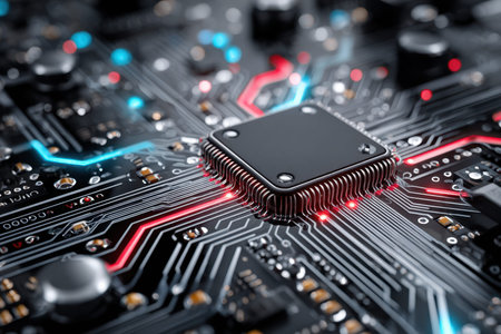 A closeup view of a circuit board with a CPU and glowing lightsの写真素材