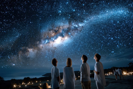 Four friends marvel at the Milky Way galaxy on a clear nightの写真素材