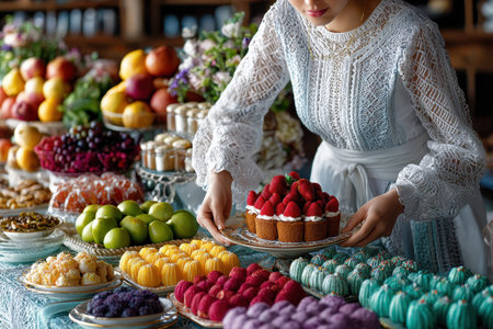 A woman arranges a vibrant assortment of desserts and fresh fruits at a beautifully decorated table.の写真素材
