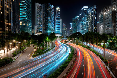 Light trails from cars on a city street at nightの素材