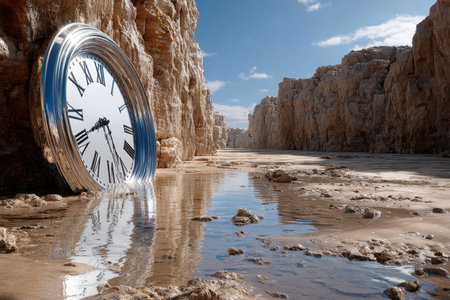 A large clock rests in a canyon surrounded by rocky cliffs and shallow water under a clear blue sky.の写真素材