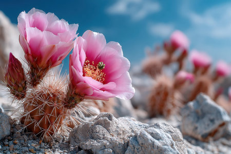 Pink cactus flowers blooming in the desert sunlightの写真素材