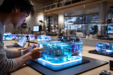 A person focuses on creating advanced tech using clear materials in a bright, modern workspace during night hours.の写真素材