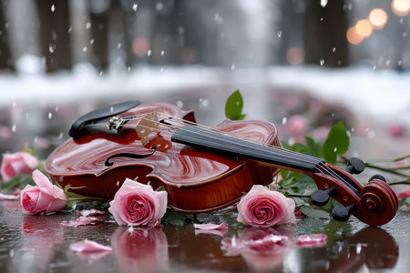 A violin lies on wet pavement scattered with pink roses as snow gently falls, creating a tranquil winter atmosphere.の写真素材