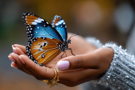 A beautiful butterfly is perched gently on a hand, showing vibrant blue and orange wings in a natural environment.の写真素材