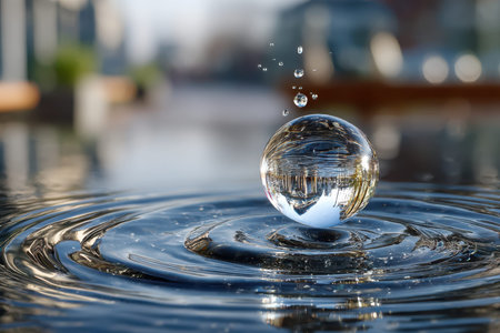 A drop of water falls and creates ripples on a smooth surface on a bright day, reflecting surroundings.の写真素材
