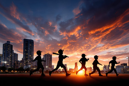 Children run and hold bats during a baseball game at sunset in an urban setting.の写真素材