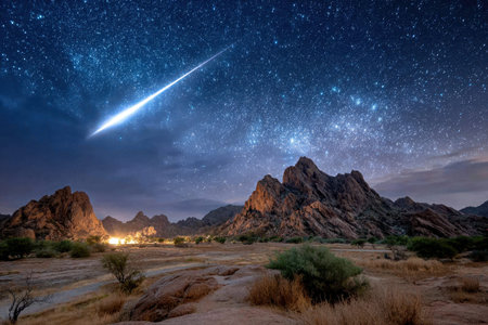 A shooting star streaks across a starry night sky over a desert mountain rangeの写真素材