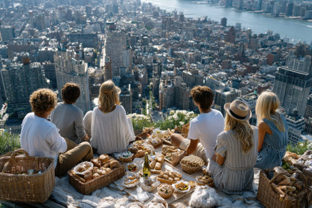 A group of friends gather for a cozy picnic on a rooftop, sharing food and drinks while admiring the city view.の写真素材