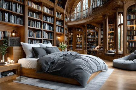 A warmly designed bedroom features a large bed, surrounded by bookshelves filled with books.の写真素材