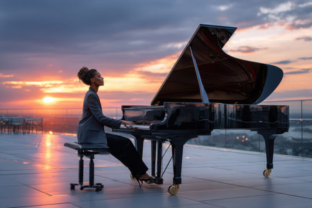 Musician plays a grand piano, surrounded by a breathtaking sunset and city skyline, creating a serene atmosphere.の写真素材