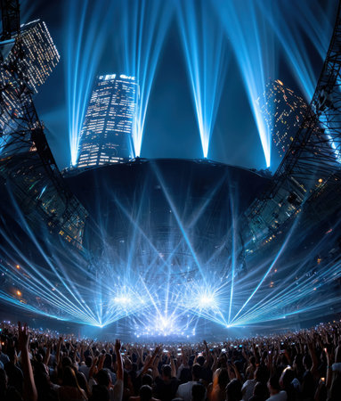 A large crowd at a concert enjoys a light show with blue lasersの写真素材