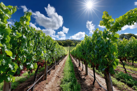 Rows of grapevines in a sunny vineyard with ripe grapesの写真素材