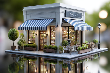 A quaint bakery features a blue and white striped awning, surrounded by greenery near a still pond.の写真素材