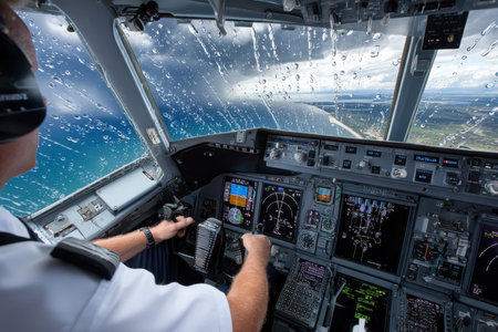 A pilot controls an aircraft while flying near the coastline, surrounded by rain and dark clouds.の写真素材