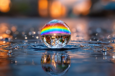 A rainbow colored bubble floats on water with surrounding droplets and ripplesの写真素材