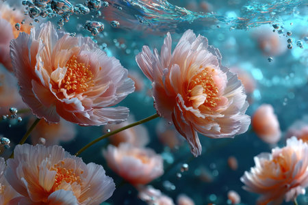 Peonies bloom beautifully beneath the water, surrounded by bubbles and a tranquil blue backdrop.の写真素材
