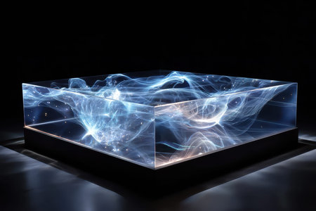 A captivating light installation features flowing, ethereal patterns against a dark backdrop, showcasing art.の写真素材