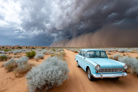 A light blue vintage car drives on a desert road as a massive dust storm approachesの写真素材
